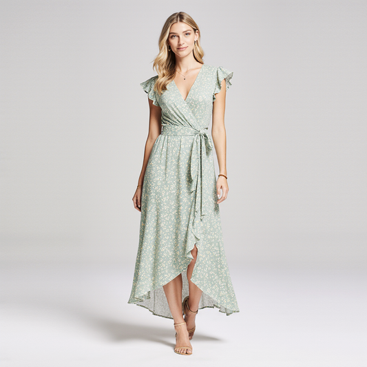 Green Bohemian V-Neck Maxi Dress with Short Sleeves and Strap Details